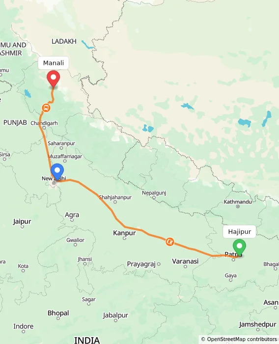 Route map showing distance and travel time from Hajipur, India to Manali, India