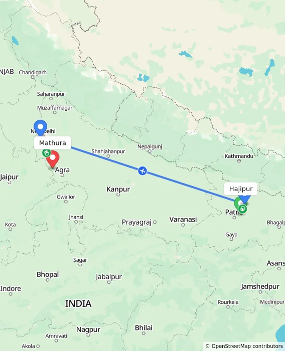 Route map showing distance and travel time from Hajipur, India to Mathura, India