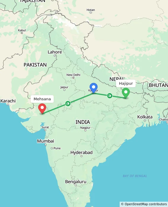 Route map showing distance and travel time from Hajipur, India to Mehsana, India