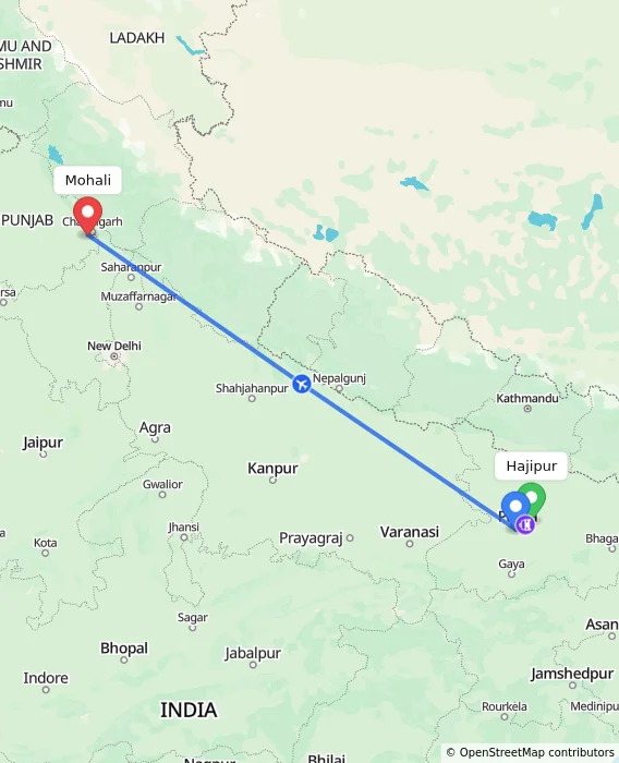 Route map showing distance and travel time from Hajipur, India to Mohali, India