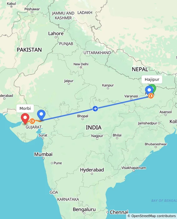 Route map showing distance and travel time from Hajipur, India to Morbi, India