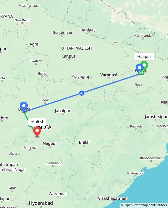 Route map showing distance and travel time from Hajipur, India to Multai, India