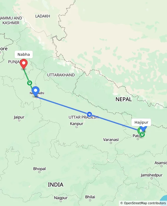 Route map showing distance and travel time from Hajipur, India to Nabha, India