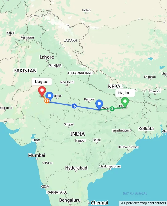 Route map showing distance and travel time from Hajipur, India to Nagaur, India