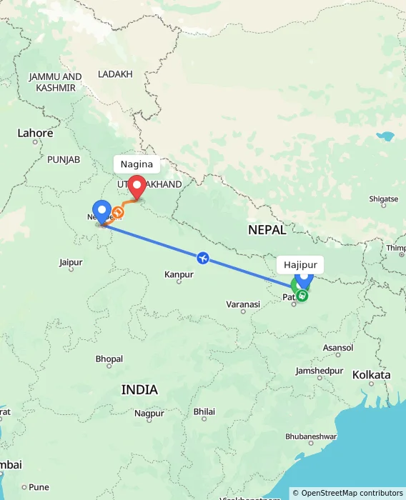 Route map showing distance and travel time from Hajipur, India to Nagina, India