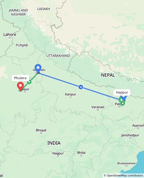 Route map showing distance and travel time from Hajipur, India to Phulera, India