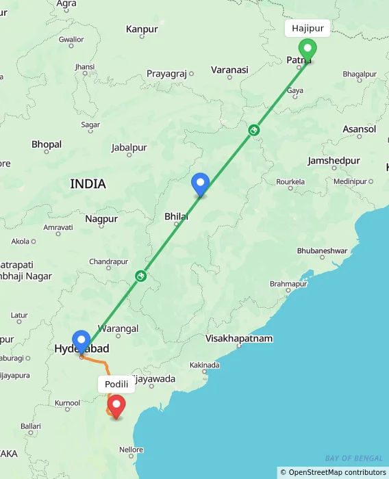 Route map showing distance and travel time from Hajipur, India to Podili, India