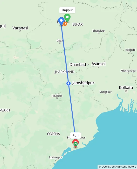 Route map showing distance and travel time from Hajipur, India to Puri, India
