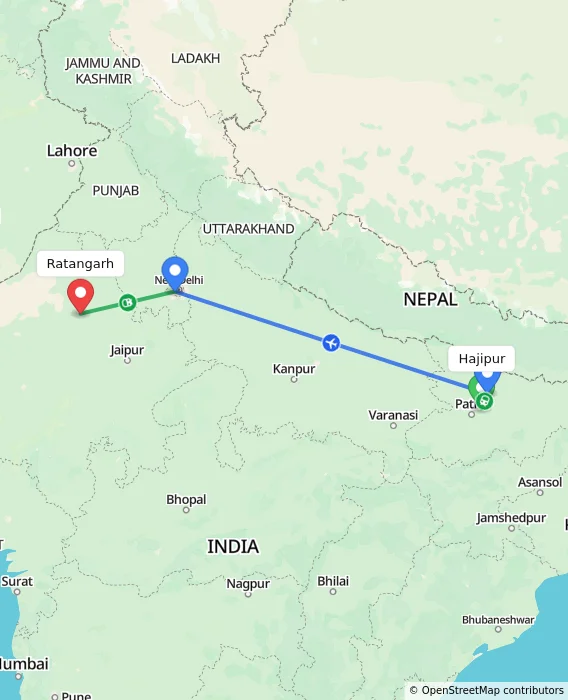 Route map showing distance and travel time from Hajipur, India to Ratangarh, India