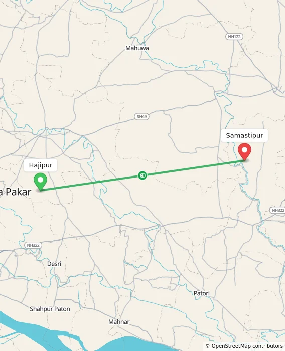 Route map showing distance and travel time from Hajipur, India to Samastipur, India