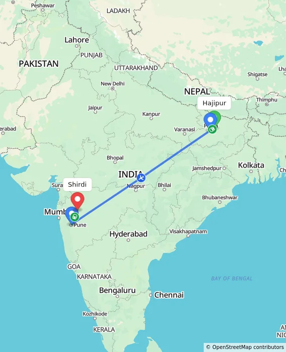 Route map showing distance and travel time from Hajipur, India to Shirdi, India