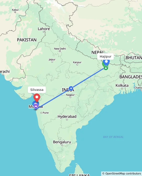 Route map showing distance and travel time from Hajipur, India to Silvassa, India