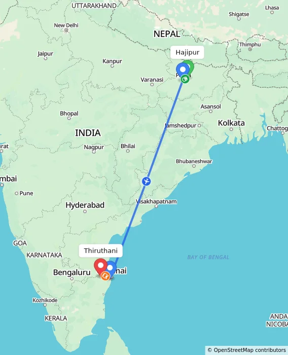 Route map showing distance and travel time from Hajipur, India to Thiruthani, India