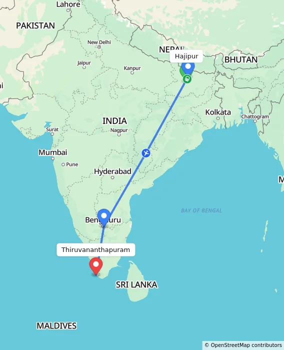 Route map showing distance and travel time from Hajipur, India to Thiruvananthapuram, India