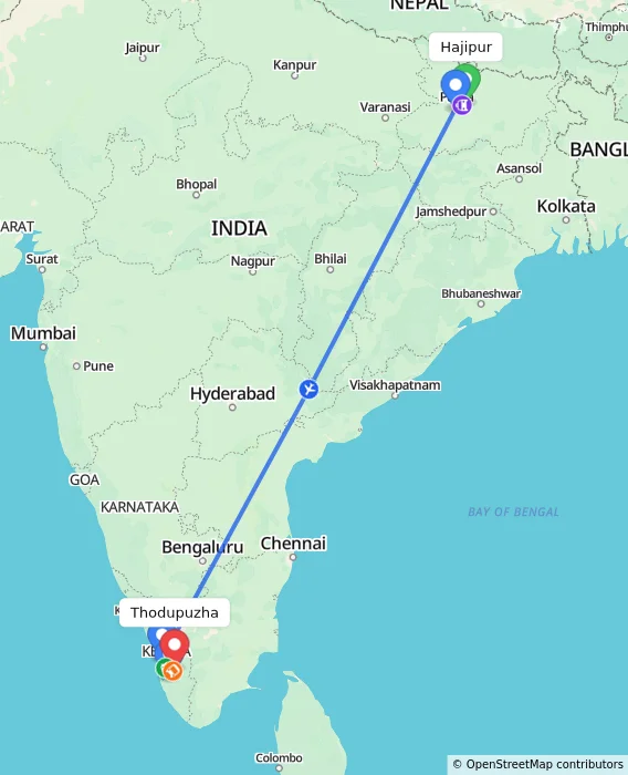 Route map showing distance and travel time from Hajipur, India to Thodupuzha, India