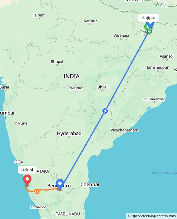 Route map showing distance and travel time from Hajipur, India to Udupi, India