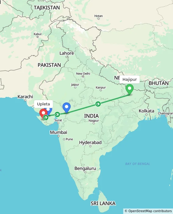Route map showing distance and travel time from Hajipur, India to Upleta, India