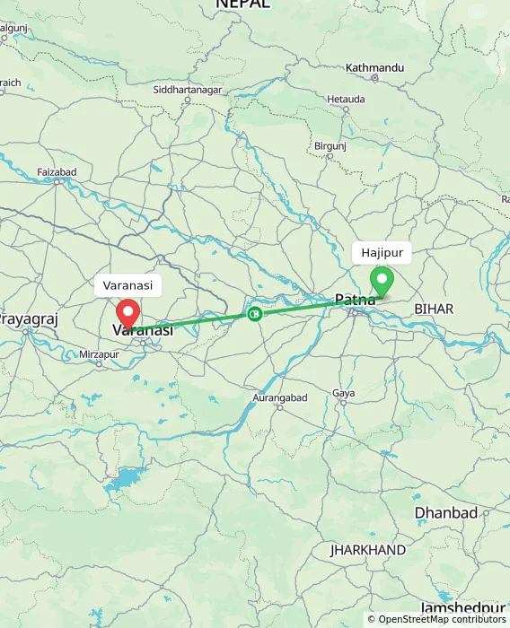 Route map showing distance and travel time from Hajipur, India to Varanasi, India