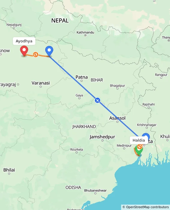 Route map showing distance and travel time from Haldia, India to Ayodhya, India