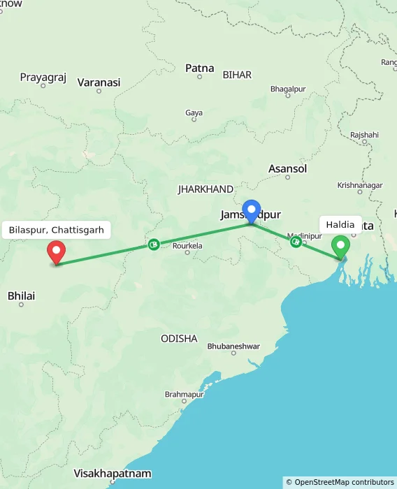 Route map showing distance and travel time from Haldia, India to Bilaspur, Chattisgarh, India