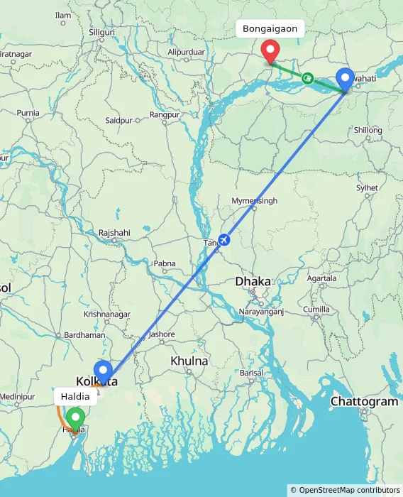 Route map showing distance and travel time from Haldia, India to Bongaigaon, India