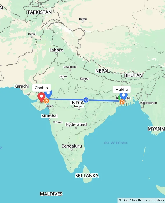 Route map showing distance and travel time from Haldia, India to Chotila, India