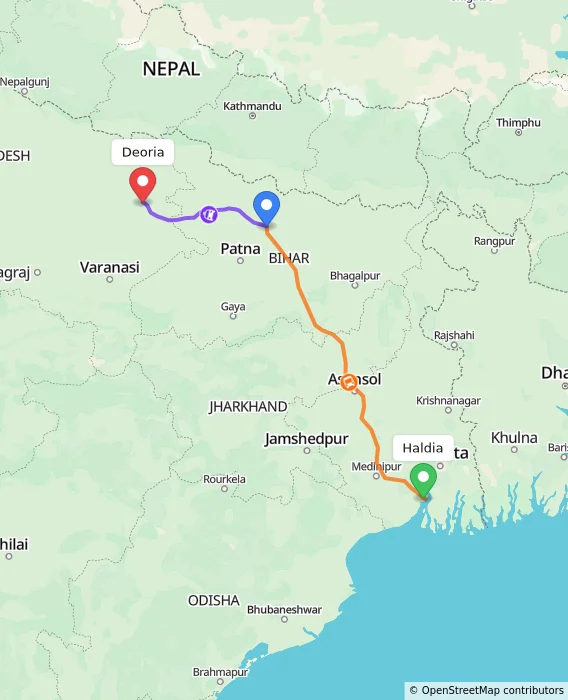 Route map showing distance and travel time from Haldia, India to Deoria, India