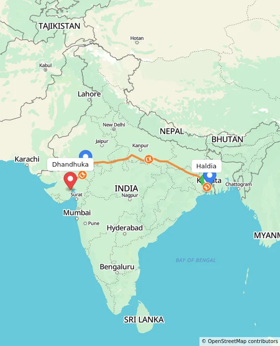 Route map showing distance and travel time from Haldia, India to Dhandhuka, India