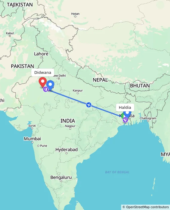 Route map showing distance and travel time from Haldia, India to Didwana, India