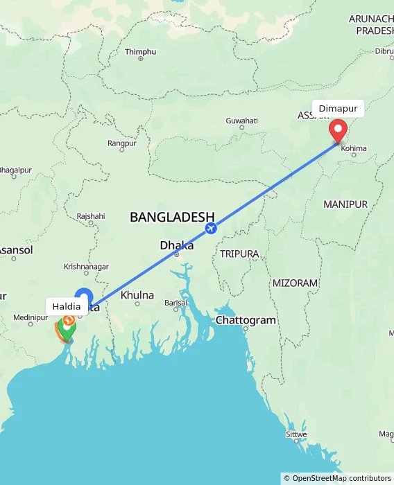 Route map showing distance and travel time from Haldia, India to Dimapur, India