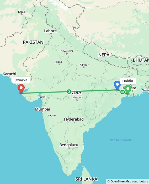Route map showing distance and travel time from Haldia, India to Dwarka, India
