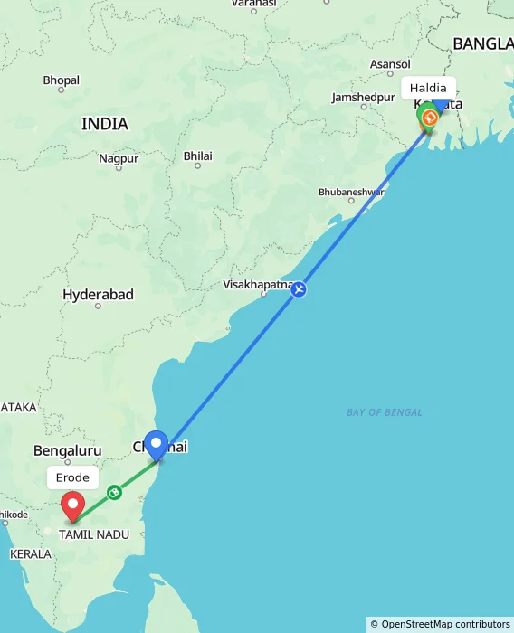 Route map showing distance and travel time from Haldia, India to Erode, India