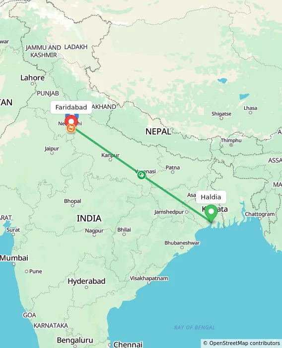 Route map showing distance and travel time from Haldia, India to Faridabad, India