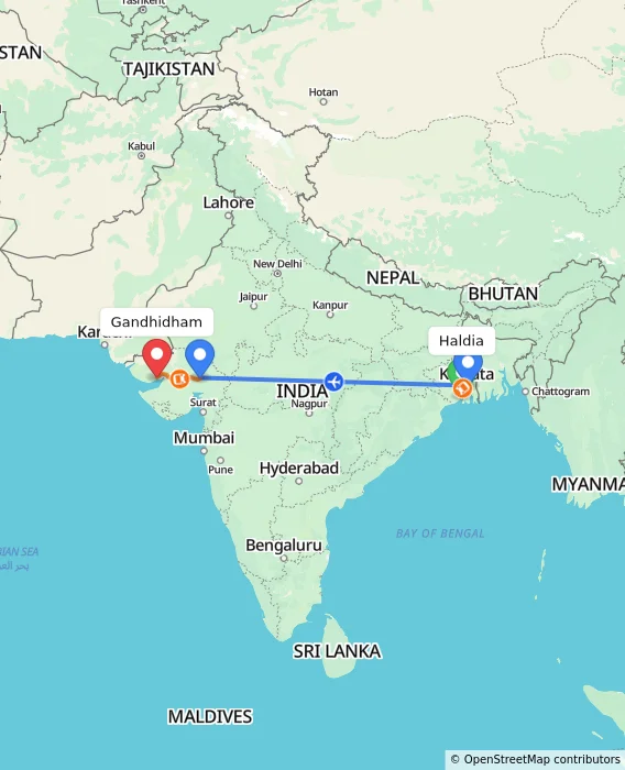 Route map showing distance and travel time from Haldia, India to Gandhidham, India