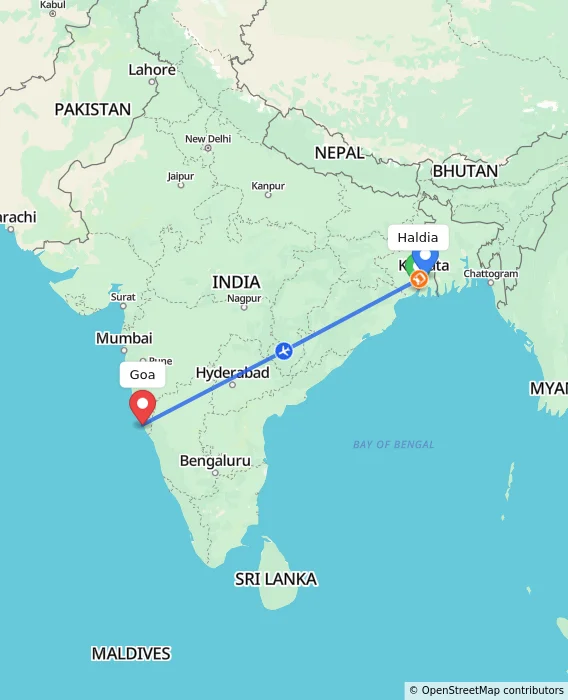 Route map showing distance and travel time from Haldia, India to Goa, India