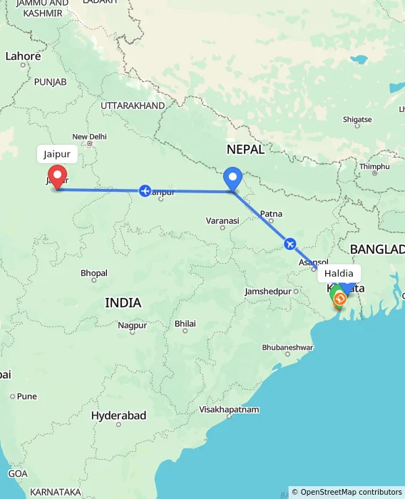 Route map showing distance and travel time from Haldia, India to Jaipur, India