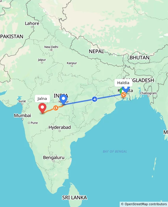 Route map showing distance and travel time from Haldia, India to Jalna, India