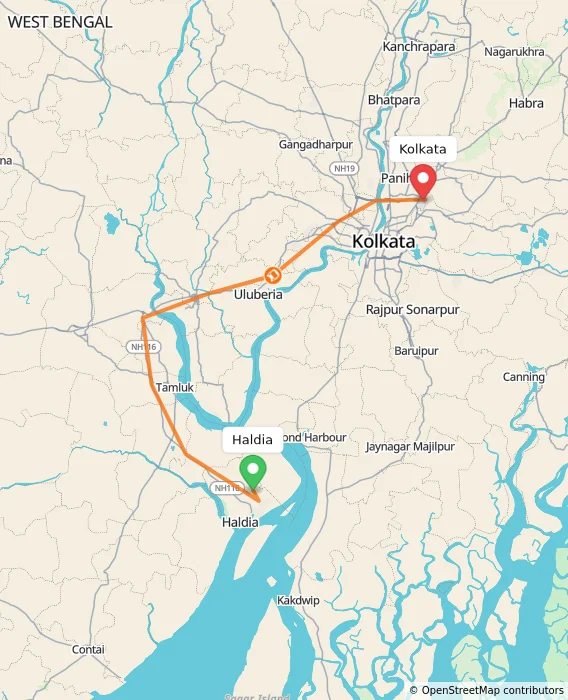 Route map showing distance and travel time from Haldia, India to Kolkata, India