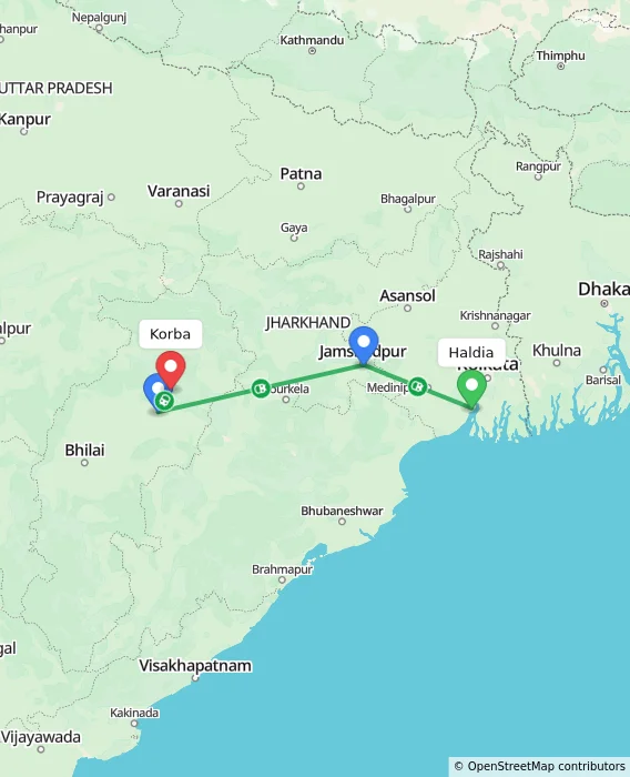Route map showing distance and travel time from Haldia, India to Korba, India