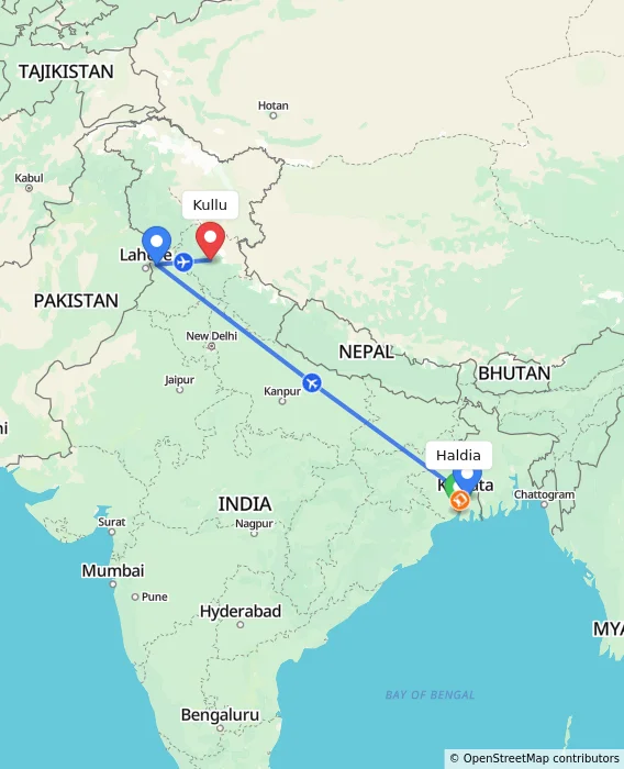 Route map showing distance and travel time from Haldia, India to Kullu, India