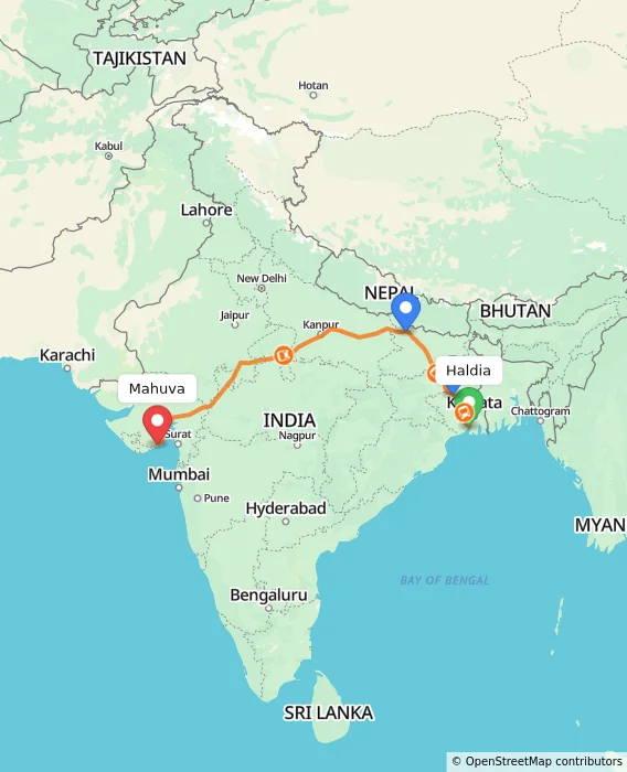 Route map showing distance and travel time from Haldia, India to Mahuva, India