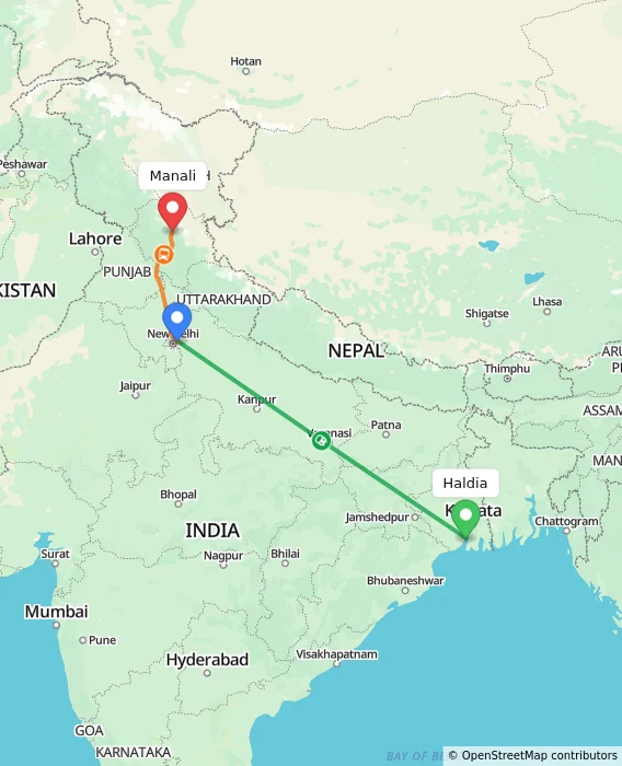 Route map showing distance and travel time from Haldia, India to Manali, India