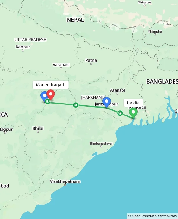 Route map showing distance and travel time from Haldia, India to Manendragarh, India