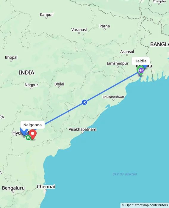 Route map showing distance and travel time from Haldia, India to Nalgonda, India