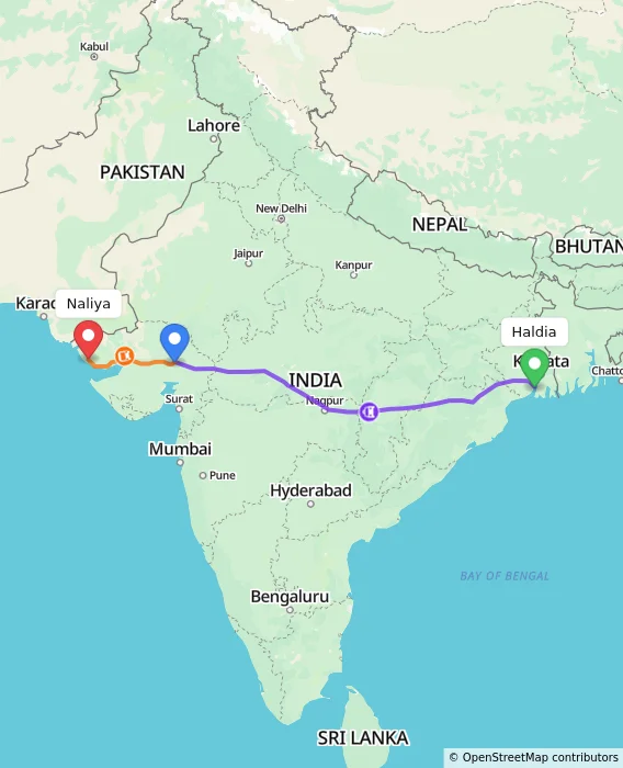 Route map showing distance and travel time from Haldia, India to Naliya, India
