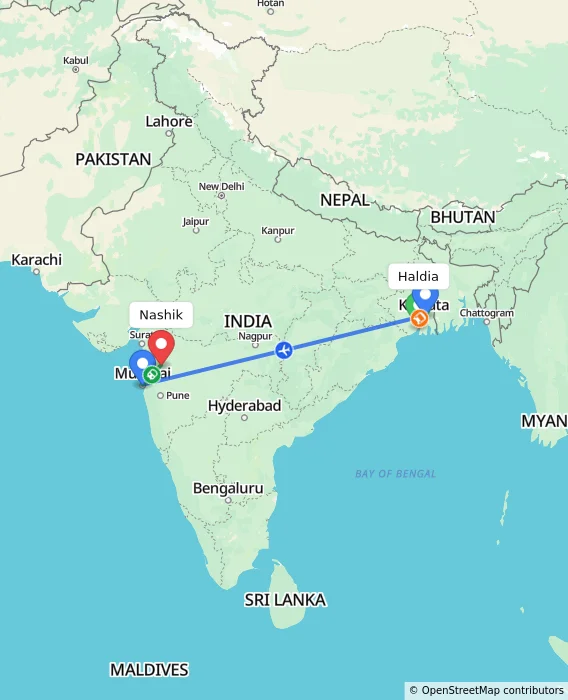 Route map showing distance and travel time from Haldia, India to Nashik, India