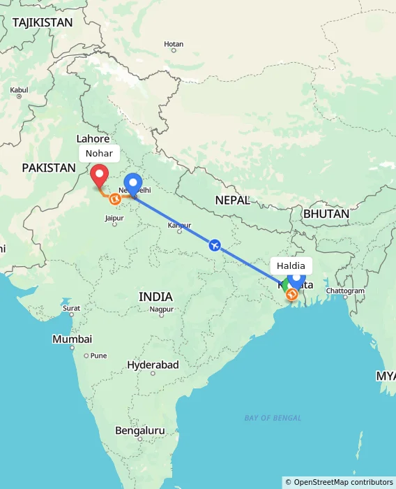 Route map showing distance and travel time from Haldia, India to Nohar, India