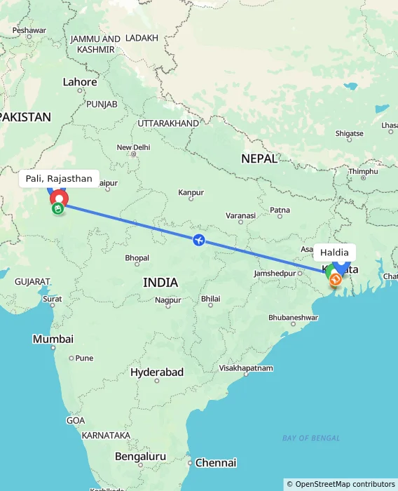 Route map showing distance and travel time from Haldia, India to Pali, Rajasthan, India