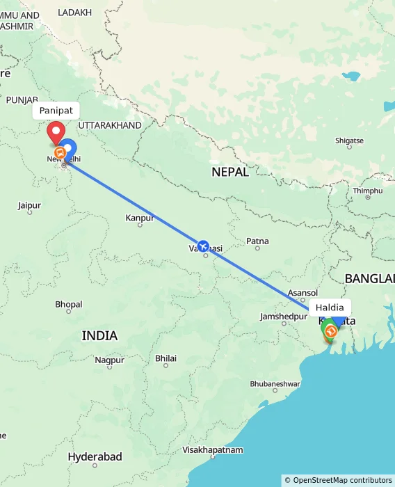 Route map showing distance and travel time from Haldia, India to Panipat, India