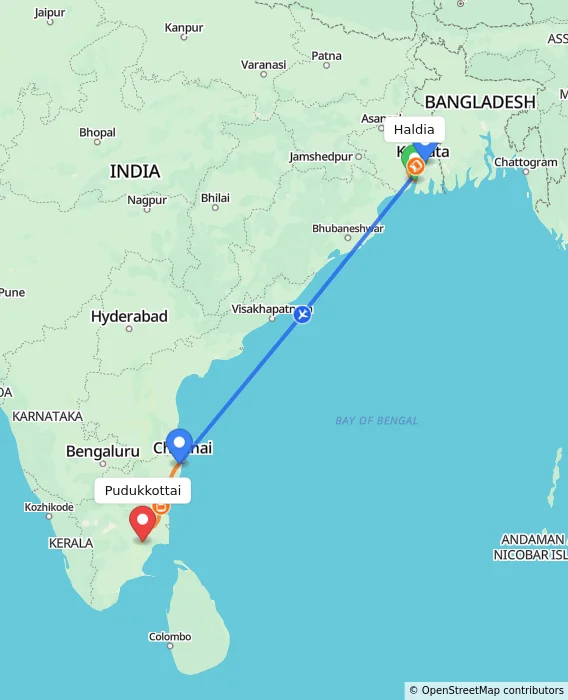 Route map showing distance and travel time from Haldia, India to Pudukkottai, India
